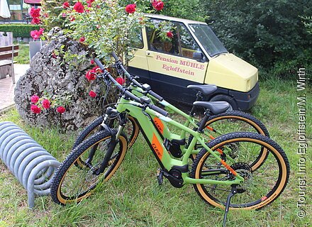 Zwei grüne Räder stehen in einem Fahrradständer vor einem Bus