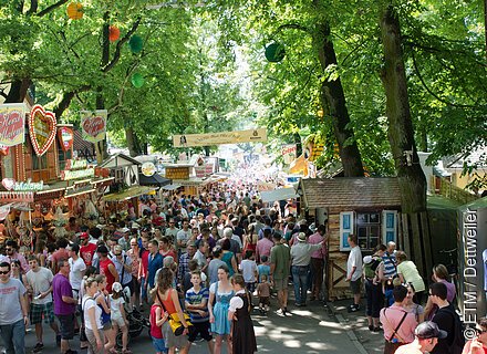 Eine Masse an Menschen strömt in Tracht zu einem Volksfest unter Bäumen