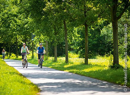 Zwei Radfahrende fahren auf einem Radweg im Grünen