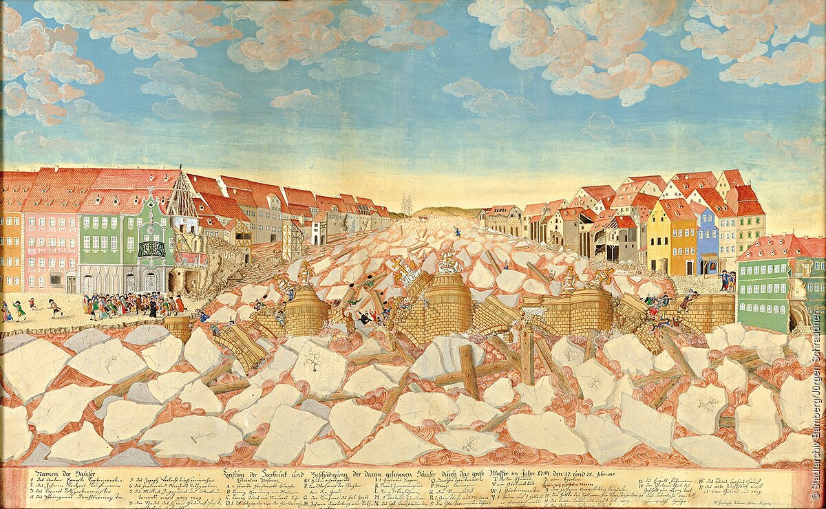 Ein historische Malerei, die eine mittelalterliche Stadt geflutet von Eisschollen  zeigt