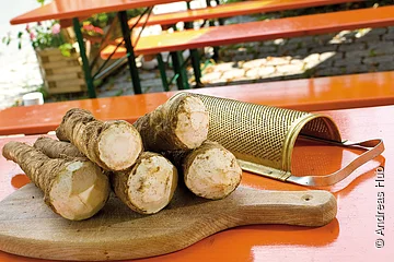 Vier frisch geschnittene Meerrettichwurzeln liegen auf einem Holzbrett neben einer Metallreibe auf einem orangefarbenen Tisch.