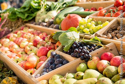 Marktstand mit Äpfeln, Birnen, Trauben, Pflaumen, Tomaten, Nüssen und anderem frischem Obst und Gemüse.