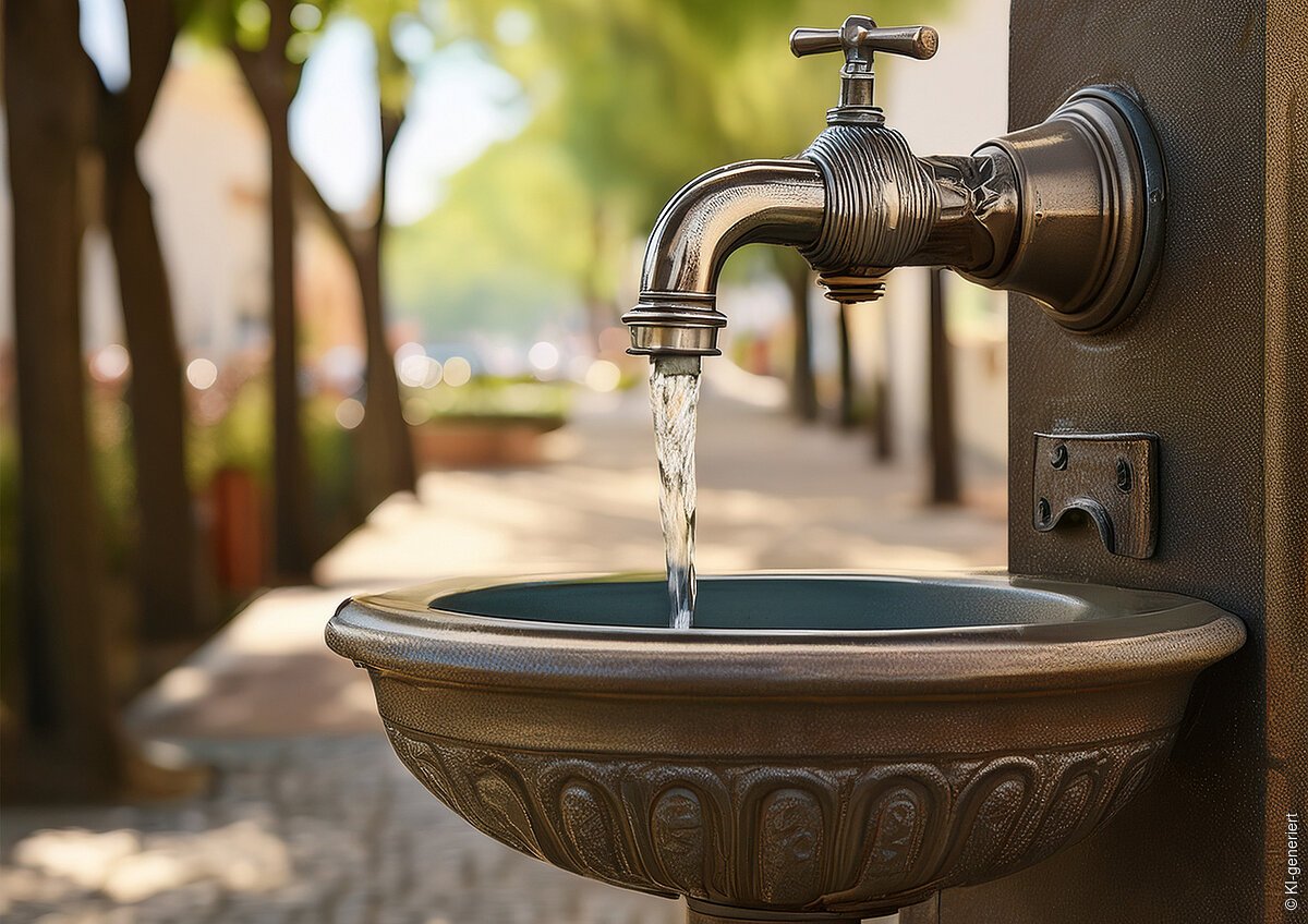 Wasser fließt aus einem Metallwasserhahn in ein dekoratives Becken im Freien bei Tageslicht.