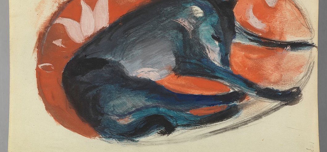Franz Marc: Skizzenbuch XXVI; Blauer Wolf auf rotem Oval liegend