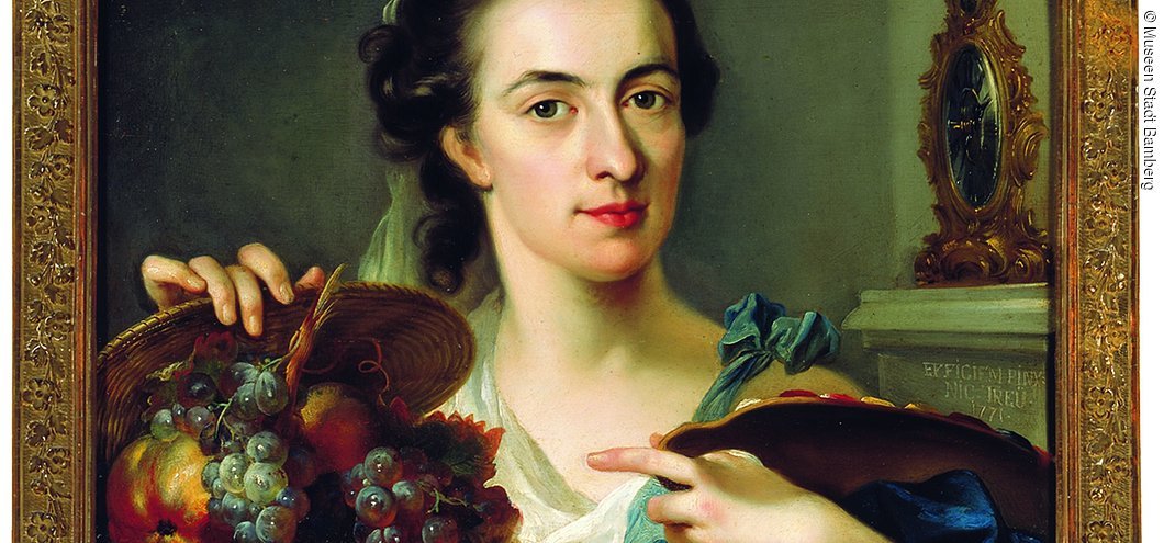 Portrait Catharina Treu mit Palette und Früchtekorb von Catharina Treu und Johann Nicolaus Treu
